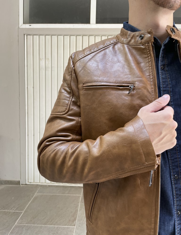 Ανδρικό ταμπά μπουφάν δερματίνη με ραφές στους ώμους 9813T φωτογραφία